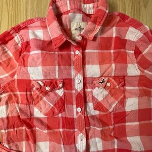 Hollister flannel button‎ up plaid red pink orange Large